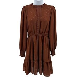 Sweet Wanderer Mini Dress L Tiered Ruffle Trim Brown Gold Polka Dot Long Sleeve